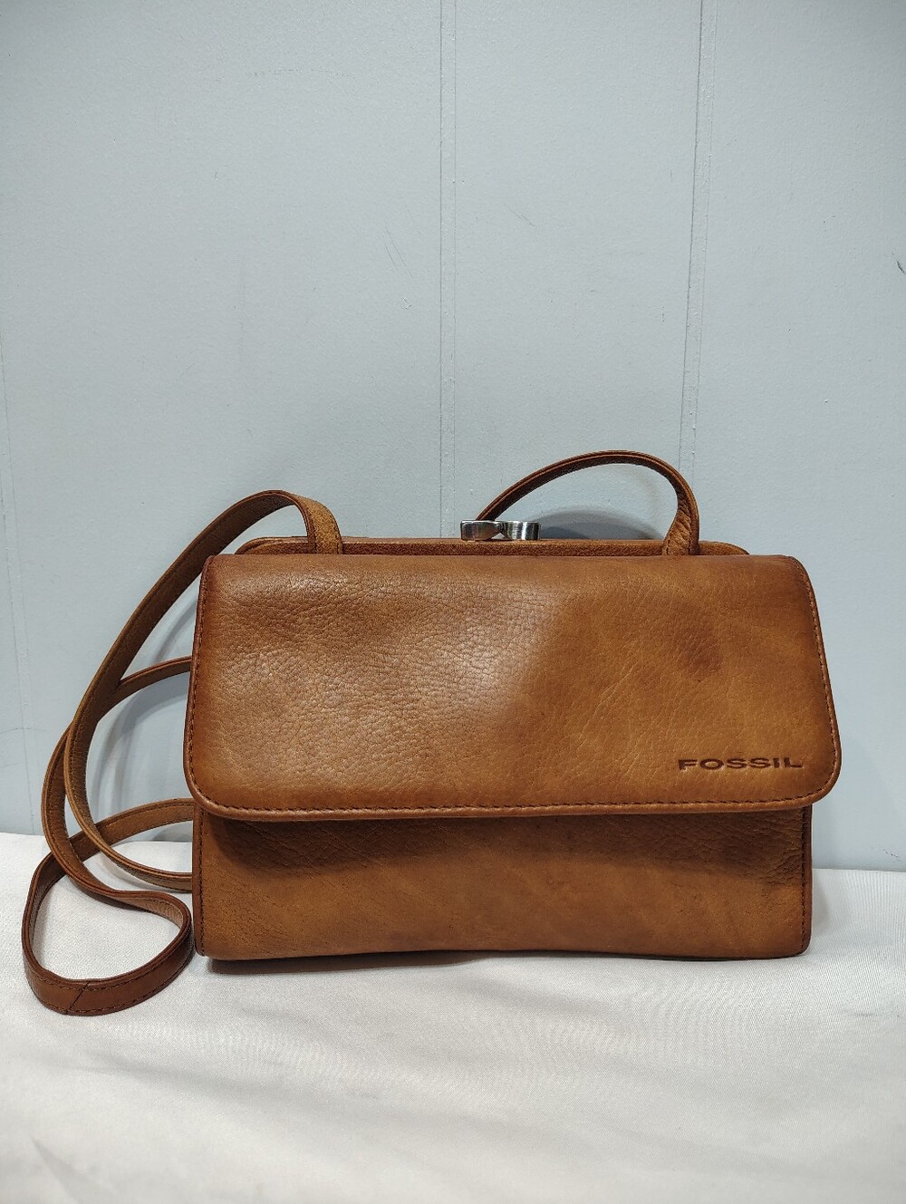 Fossil Tan Leather Crossbody Organizer Wallet Kisslock All In One Vintage